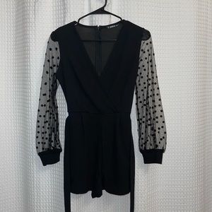 Black Romper V Neck w/ Polka Dot Sleeves